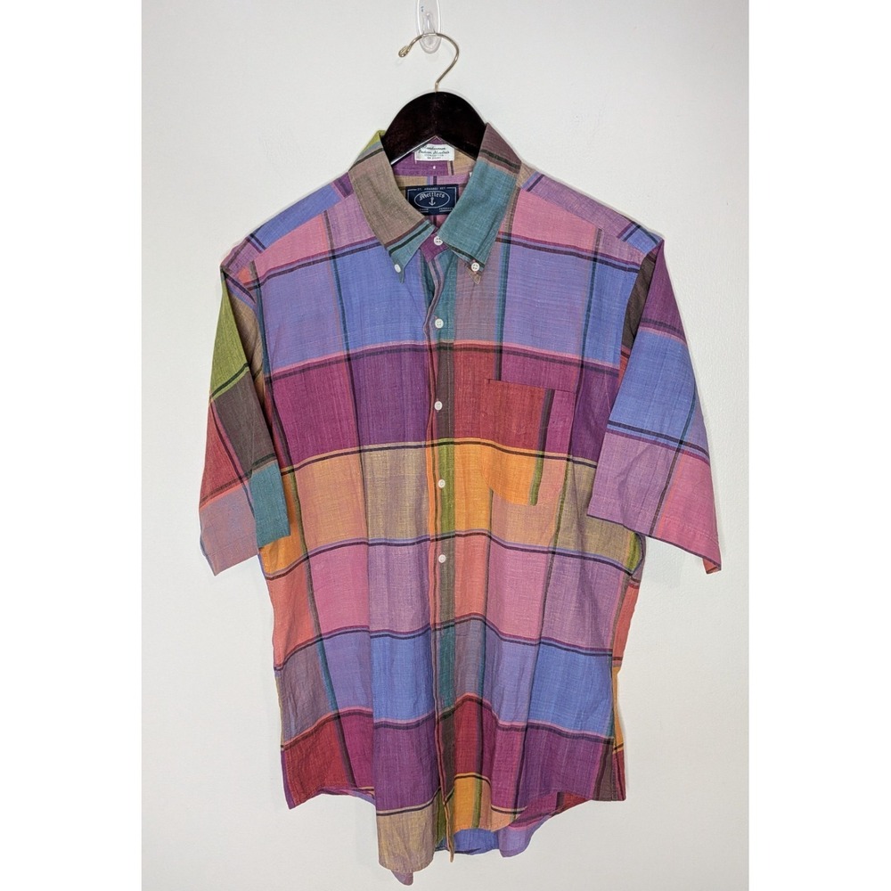 VTG Size L Handwoven Indian Madras Plaid 100% Cotton Button Down Shirt Preppy